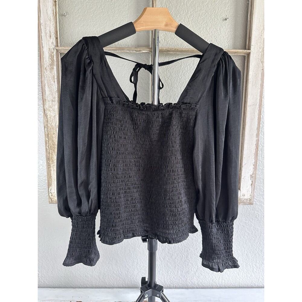 SHE + SKY Womens Black Crop Top Long‎ Balloon Sleeves Elastic Top Medium